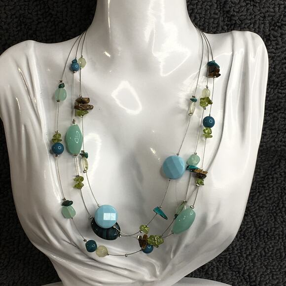 Lia Sophia Multi-Strand Floating‎ Necklace Blue Green Silver Tone - Picture 1 of 15